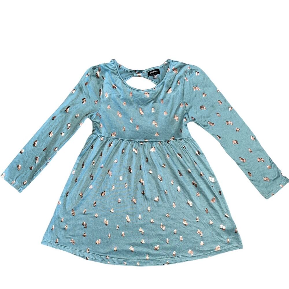 Picapino Green w/Gold Trees Long-sleeve Dress Size-Girl's 8